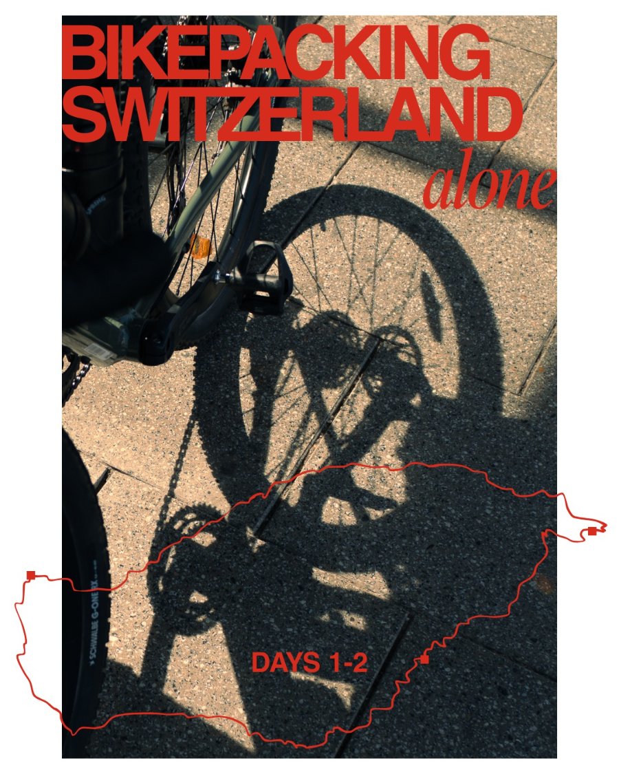 Bikepacking Switzerland alone — days 1–2 title card over a bike shadow