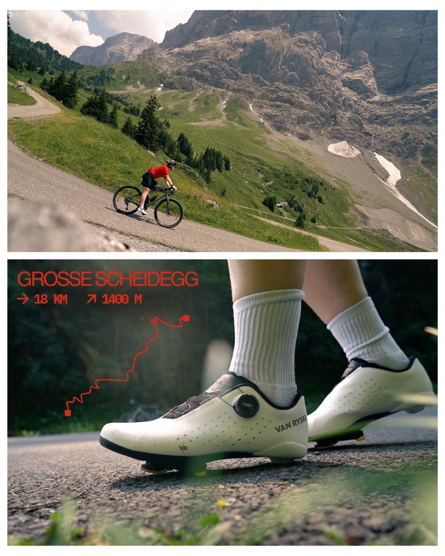 Grosse Scheidegg, 18 km and 1400 m — riding the pass and cycling shoes on gravel