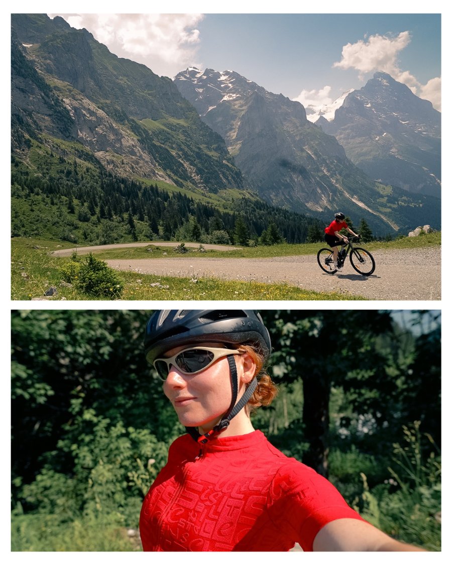 Riding a gravel road below the Wetterhorn, and a selfie in a red jersey
