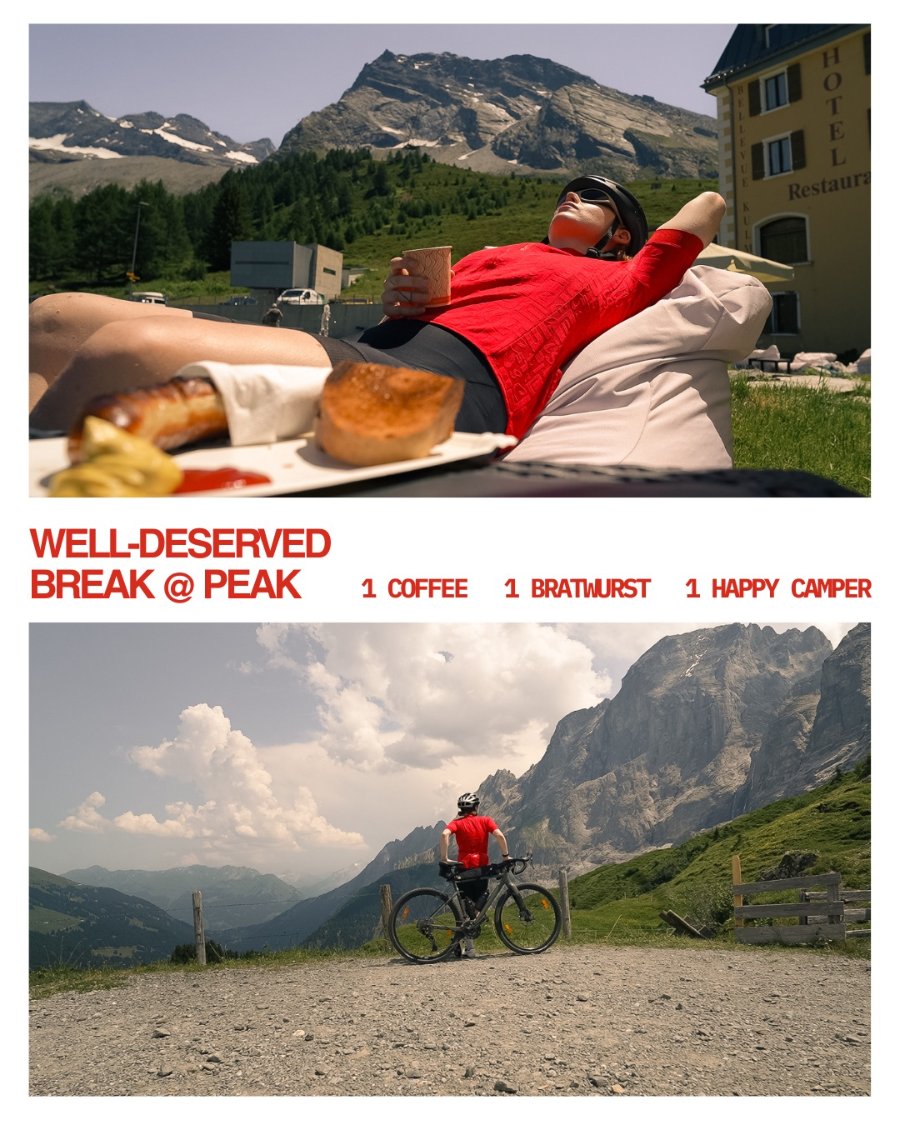 Well-deserved break at the peak — coffee, bratwurst, one happy camper