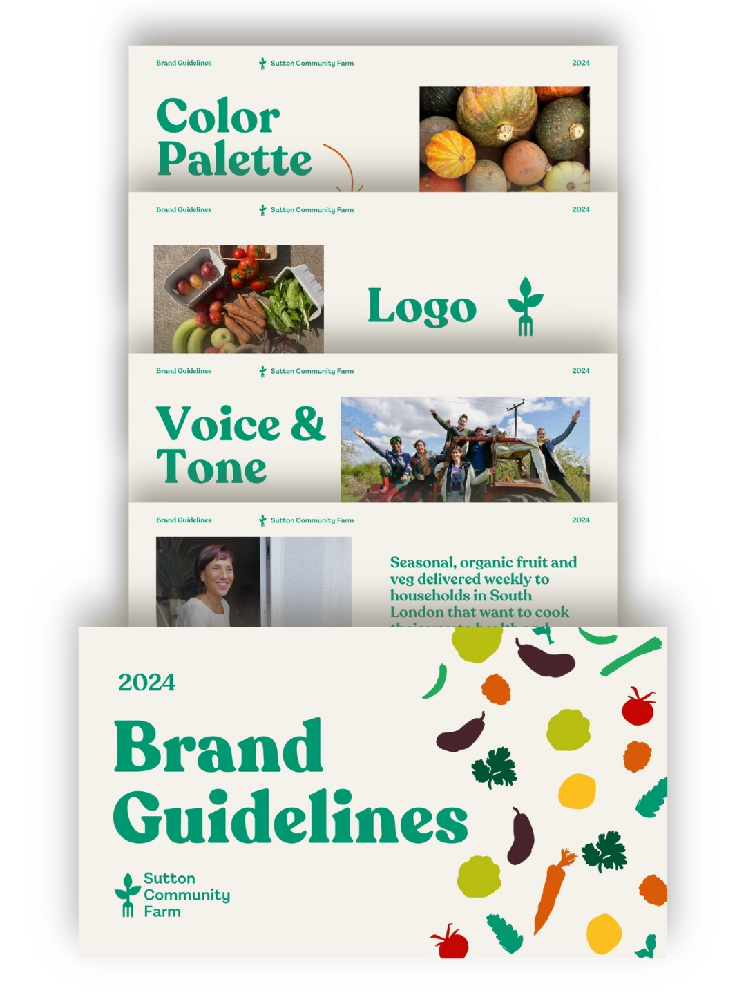 Sutton Community Farm brand guidelines — cover and interior spreads covering colour palette, logo, and voice and tone