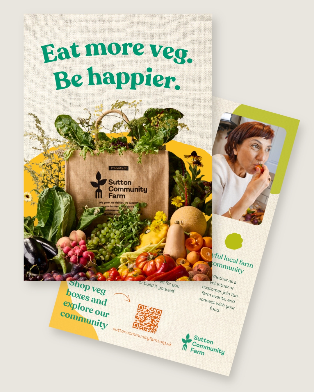 Eat more veg. Be happier. print flyer and box insert card with QR code