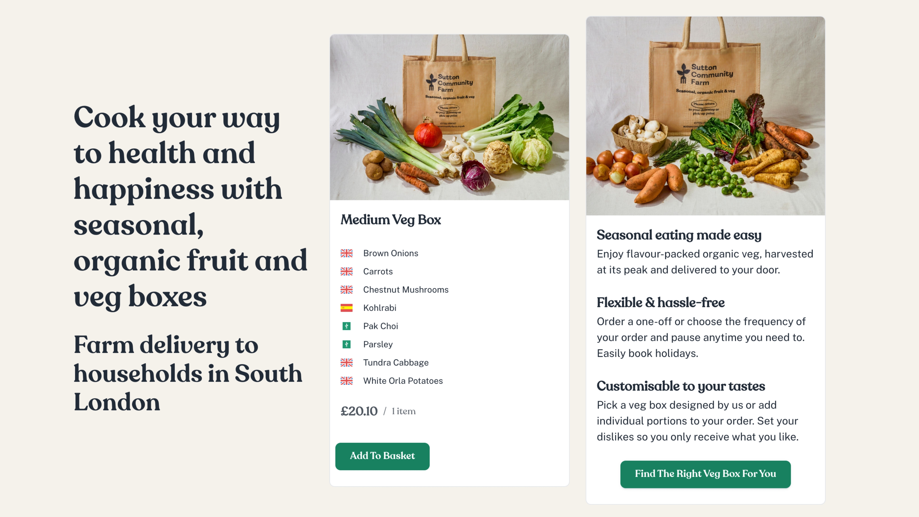 Website product section — value proposition beside two veg box product cards with an add to basket button