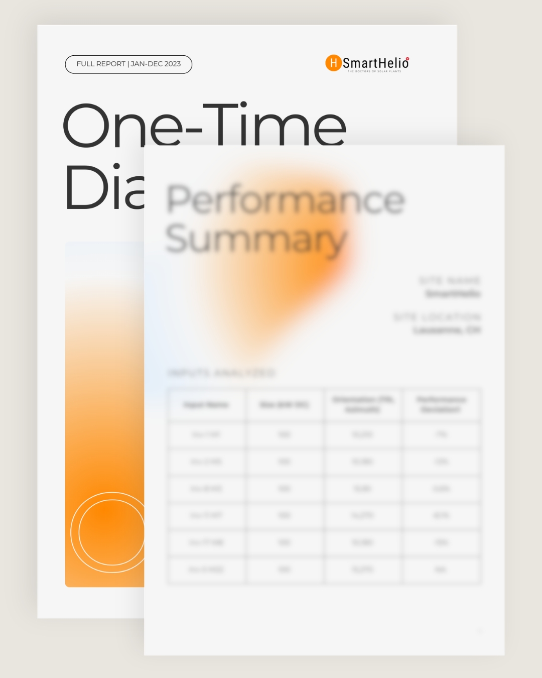 One-Time Diagnostic full report cover layered behind a Performance Summary page with an inputs analysed table