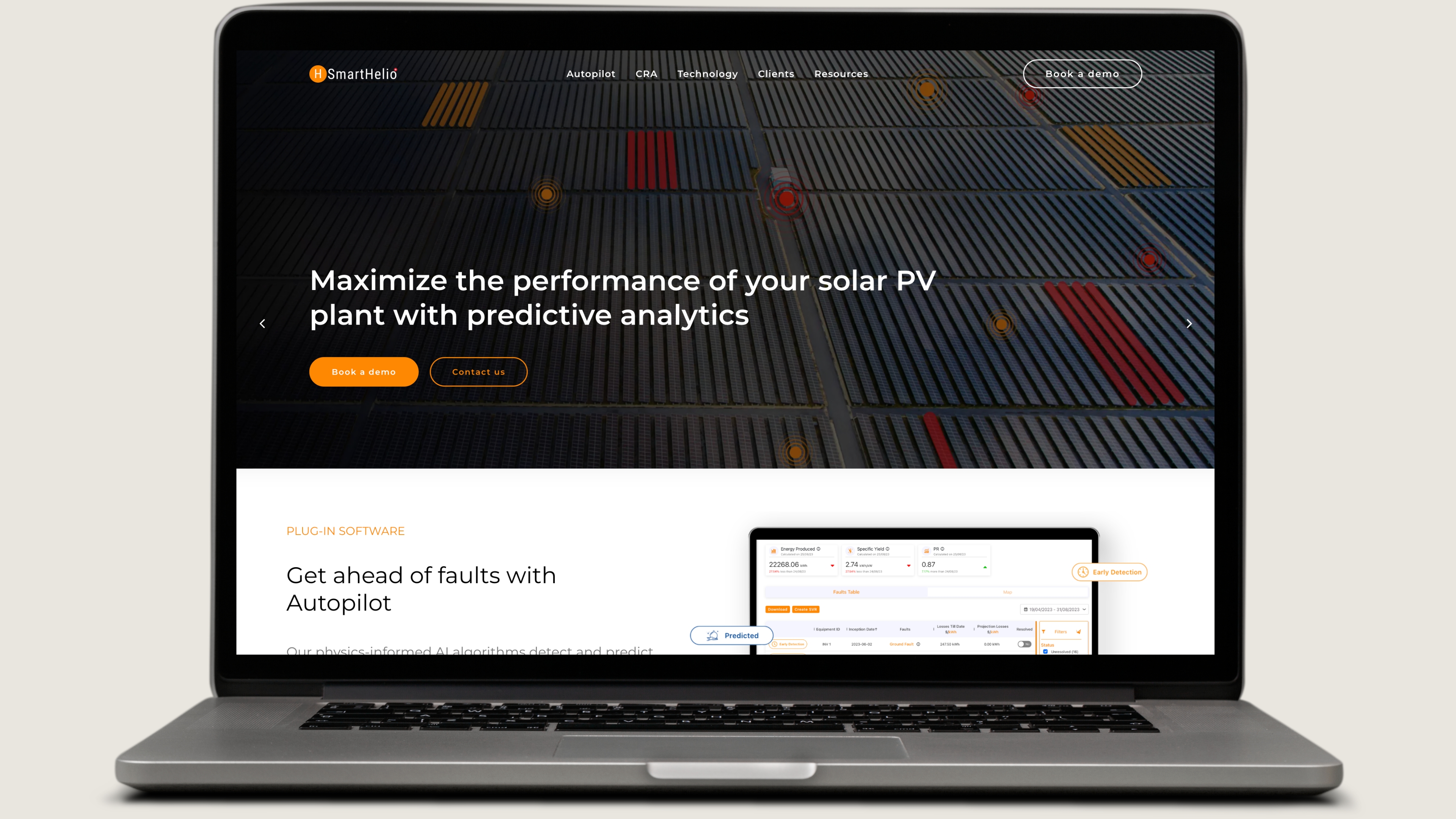 SmartHelio homepage on a laptop — maximize the performance of your solar PV plant with predictive analytics