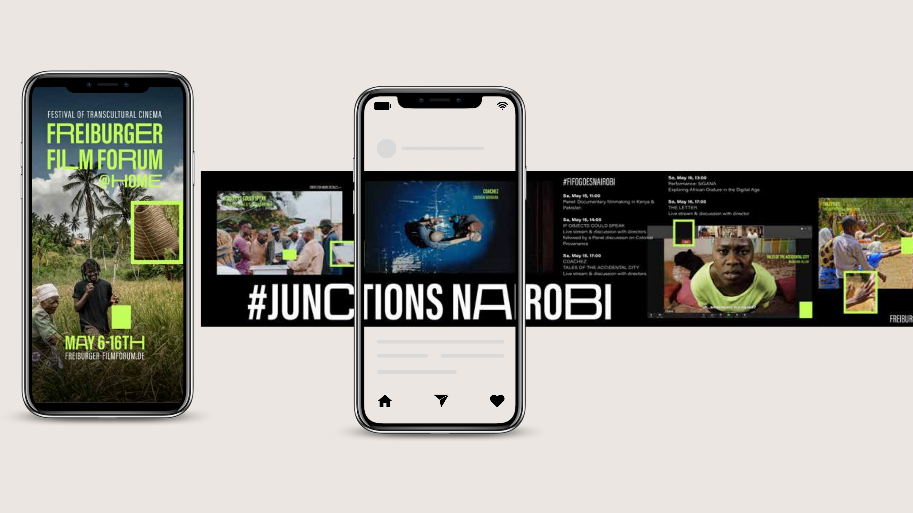 Freiburger Film Forum @home campaign visual — festival poster on a phone beside the #JunctionsNairobi programme graphic