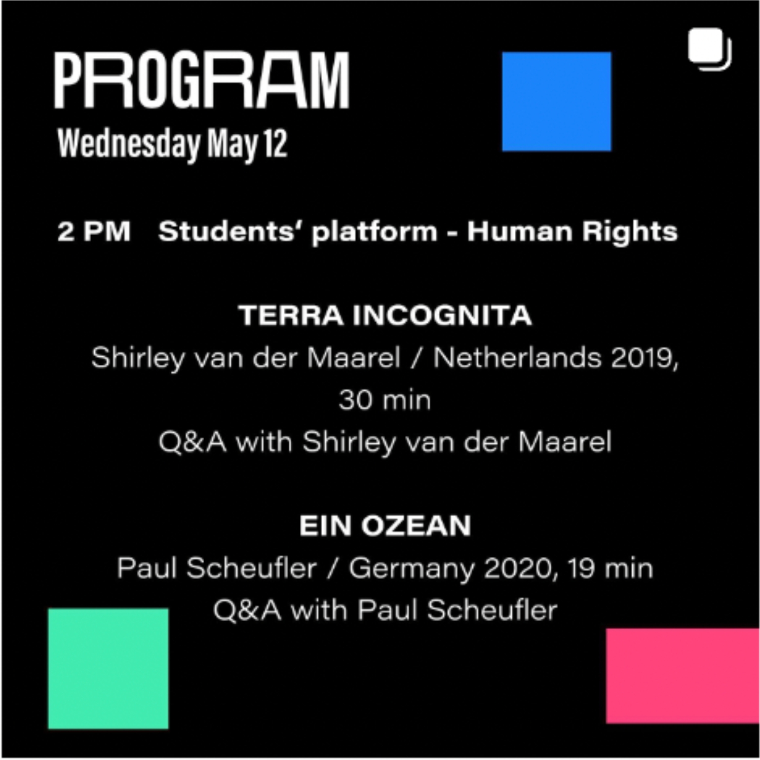 Programme graphic — Wednesday May 12, Students’ platform on Human Rights
