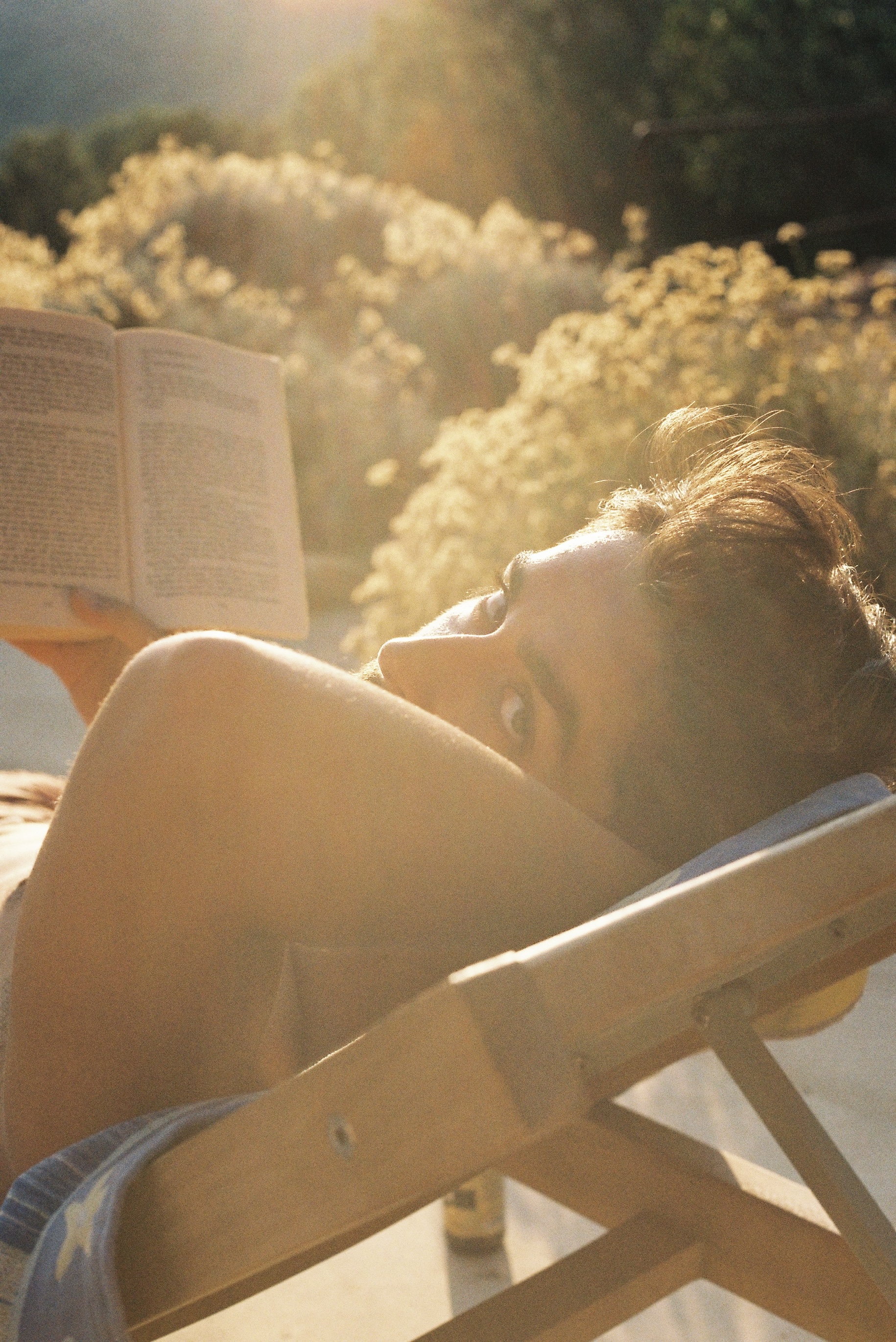Reading in a deck chair in late golden light