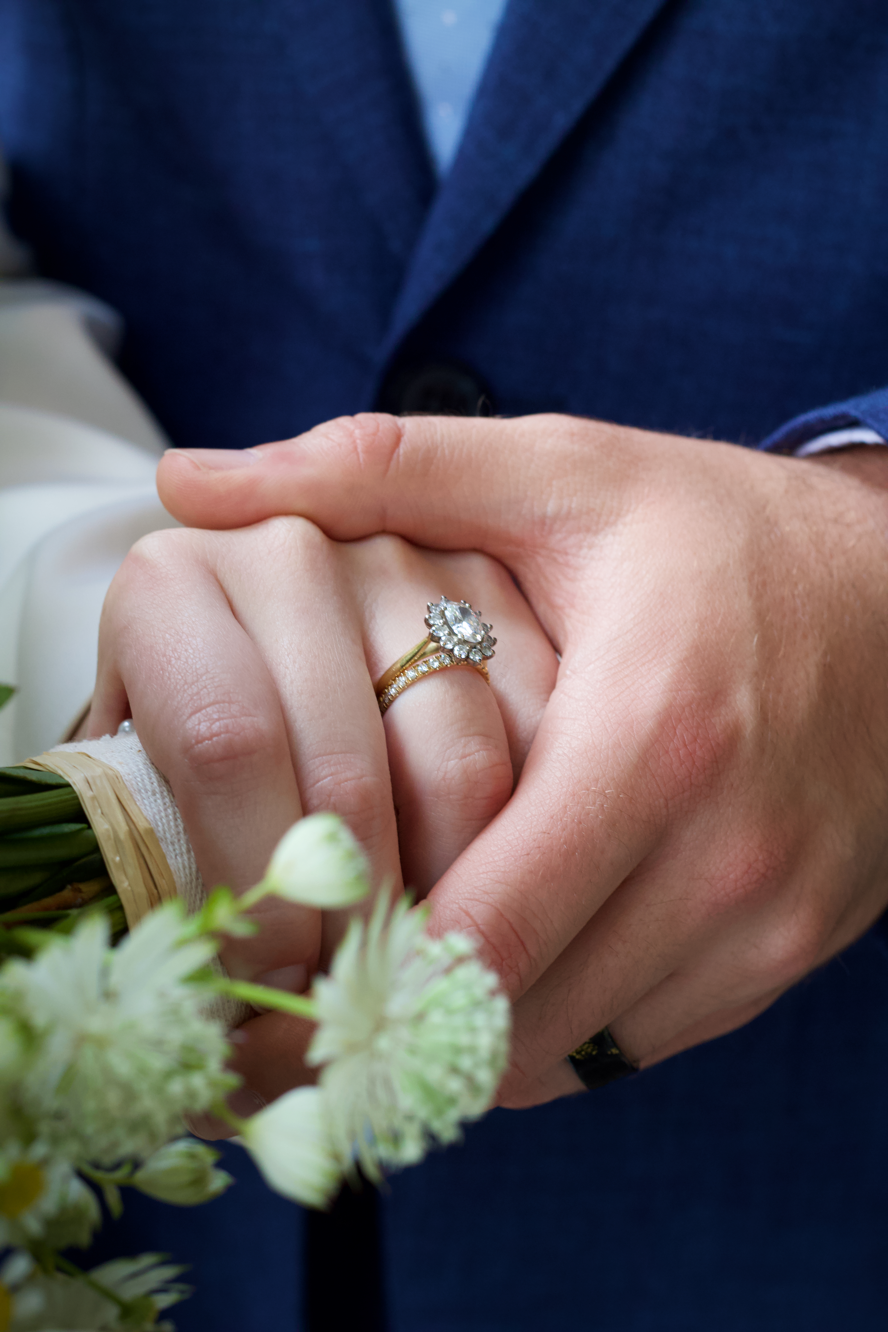 Held hands and rings above a bridal bouquet
