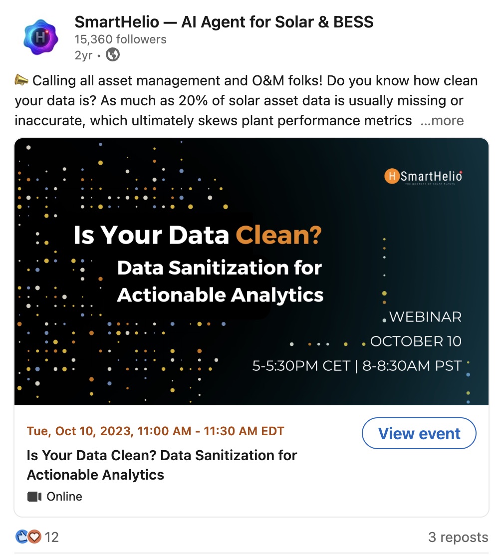 SmartHelio LinkedIn post — Is Your Data Clean? webinar on data sanitization for actionable analytics