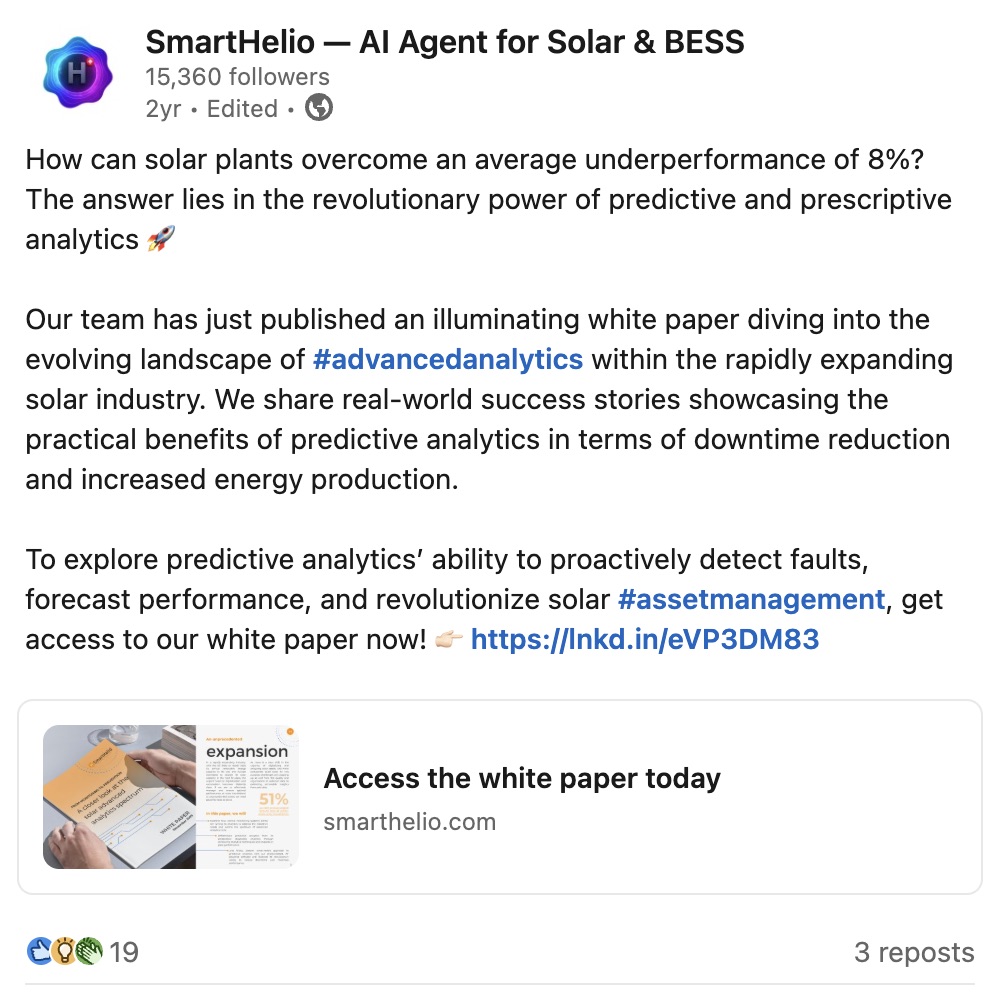 SmartHelio LinkedIn post — white paper on predictive and prescriptive analytics in solar