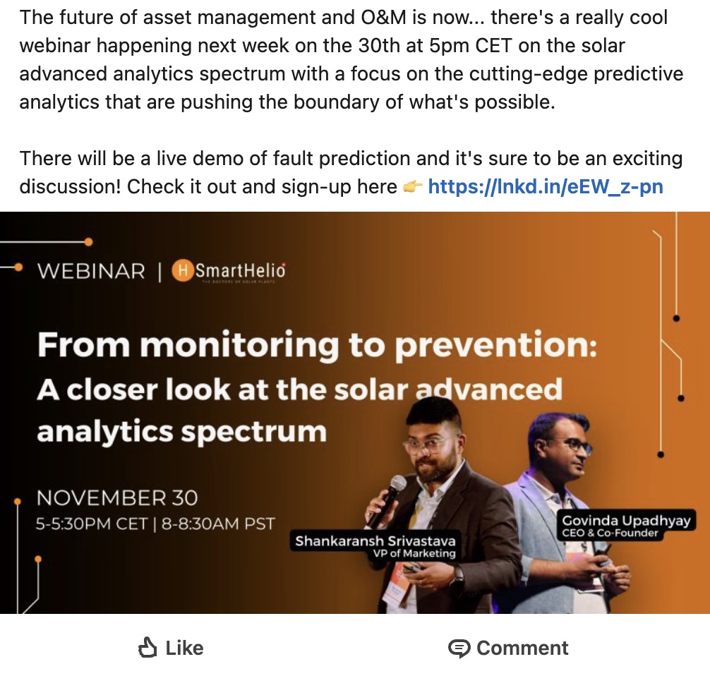 SmartHelio LinkedIn post — From monitoring to prevention webinar on the solar advanced analytics spectrum