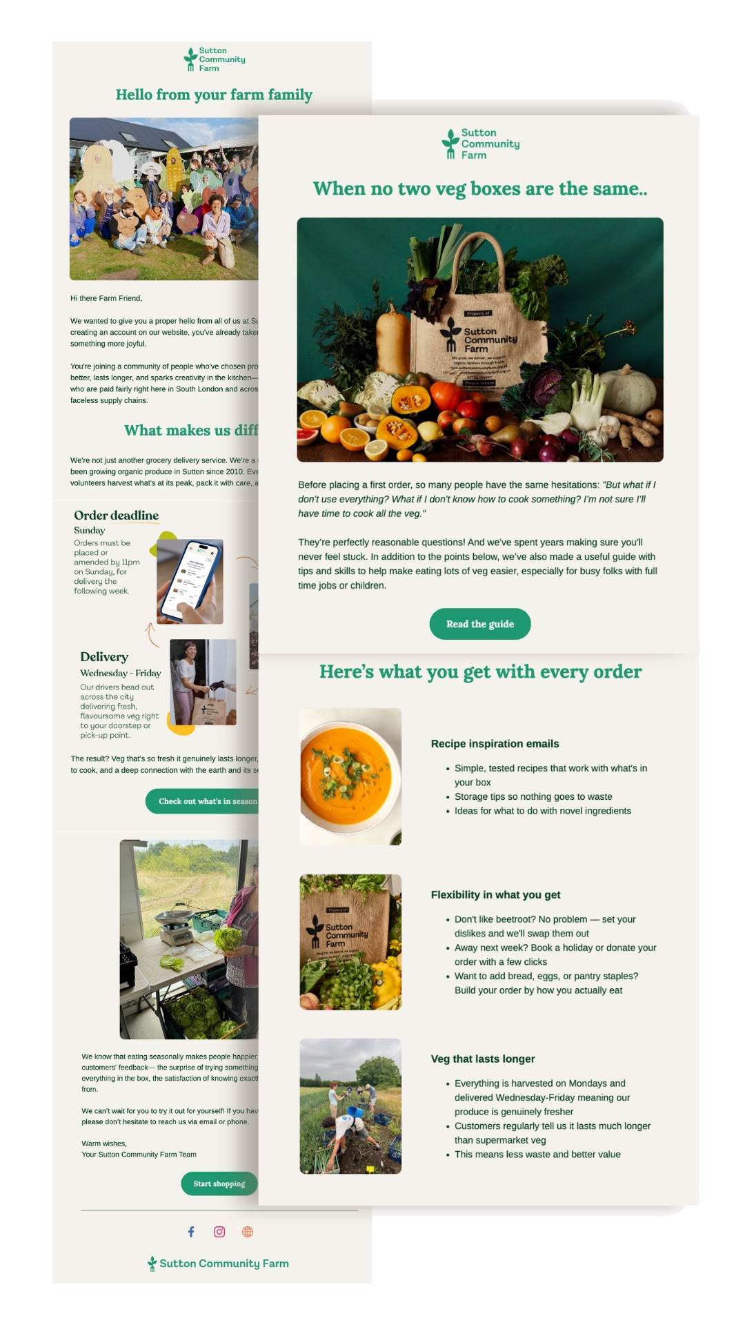 Welcome and abandoned-account email flow for Sutton Community Farm